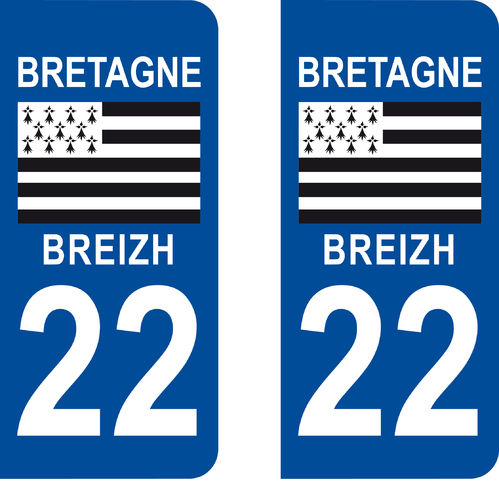 2 Sticker style AUTO Plaque Bleu département 22