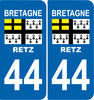 2 Sticker style AUTO Plaque Bleu département 44 RETZ