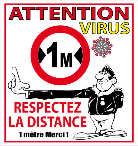 Sticker covid virus attention distance 1 mètre autocollant 10cm Vinyle
