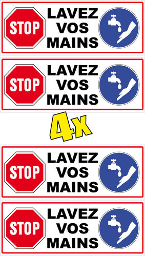 Lot 4x Sticker Vinyle covid STOP VIRUS LAVEZ VOS MAINS 4x8cm