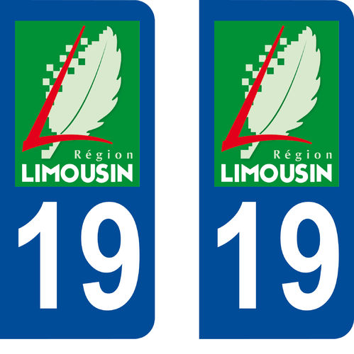 2 Stickers French Department 19 Plate Registration