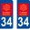 2 Sticker style AUTO Plaque Bleu département 34
