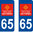 2 Sticker style AUTO Plaque Bleu département 65
