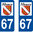2 Sticker style AUTO Plaque Bleu département 67