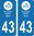 2 Sticker style AUTO Plaque Bleu département 43