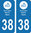 2 Sticker style AUTO Plaque Bleu département 38
