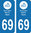 2 Sticker style AUTO Plaque Bleu département 69