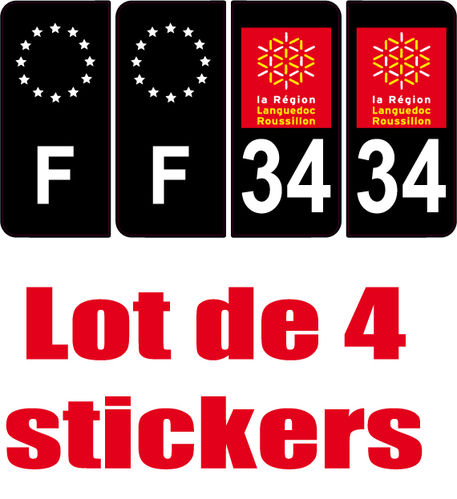 4 Stickers style AUTO Plaque Noir F+département 34