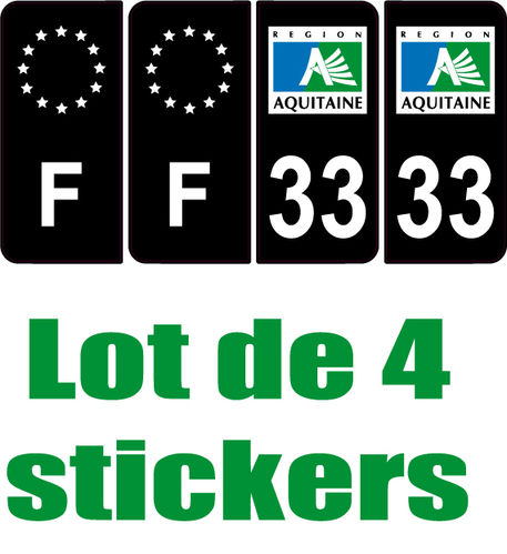 4 Stickers style AUTO Plaque Noir F+département 33