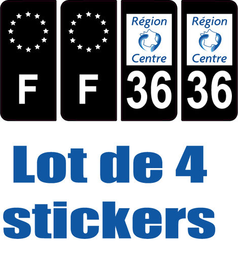 4 Stickers style AUTO Plaque Noir F+département 36