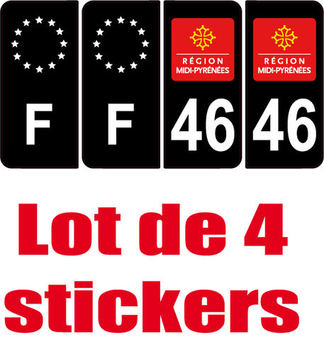 4 Stickers style AUTO Plaque Noir F+département 46
