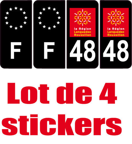 4 Stickers style AUTO Plaque Noir F+département 48