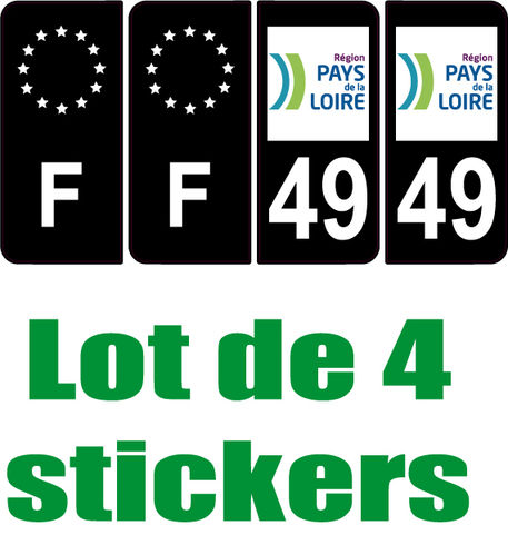 4 Stickers style AUTO Plaque Noir F+département 49