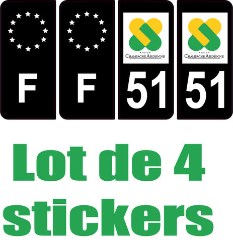 4 Stickers style AUTO Plaque Noir F+département 51