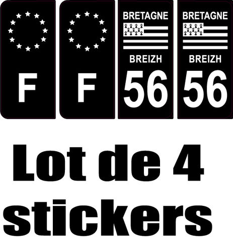 4 Stickers style AUTO Plaque Noir F+département 56