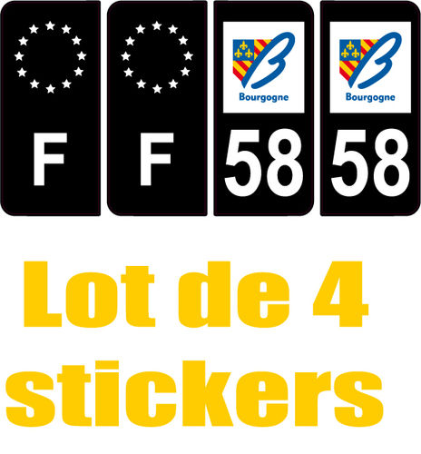 4 Stickers style AUTO Plaque Noir F+département 58