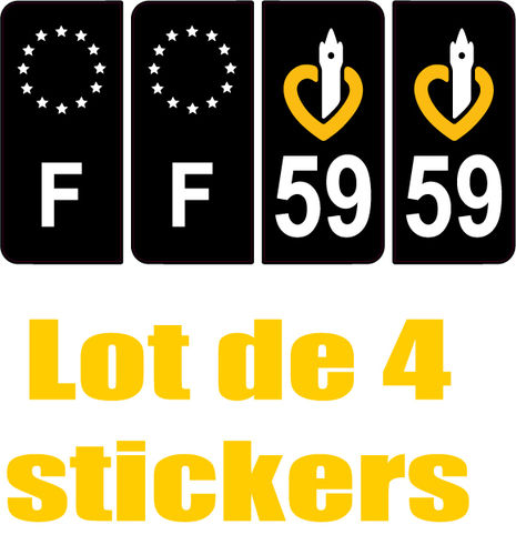 4 Stickers style AUTO Plaque Noir F+département 59