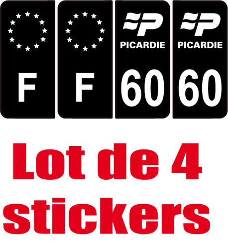 4 Stickers style AUTO Plaque Noir F+département 60