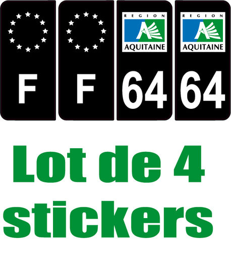 4 Stickers style AUTO Plaque Noir F+département 64