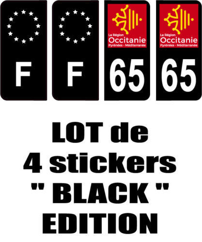 4 Stickers style AUTO Plaque Noir F+département 65