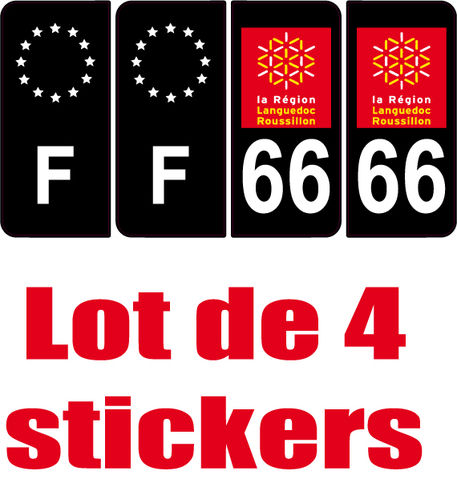 4 Stickers style AUTO Plaque Noir F+département 66