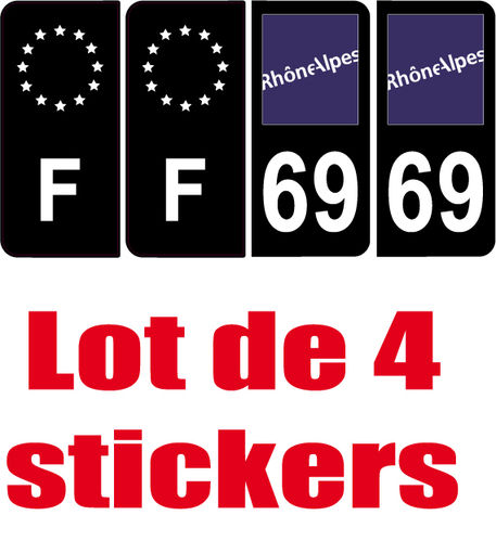 4 Stickers style AUTO Plaque Noir F+département 69