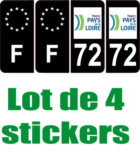 4 Stickers style AUTO Plaque Noir F+département 72