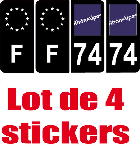 4 Stickers style AUTO Plaque Noir F+département 74