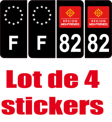 4 Stickers style AUTO Plaque Noir F+département 82