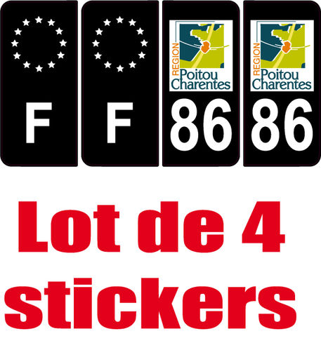 4 Stickers style AUTO Plaque Noir F+département 86