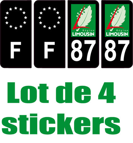 4 Stickers style AUTO Plaque Noir F+département 87