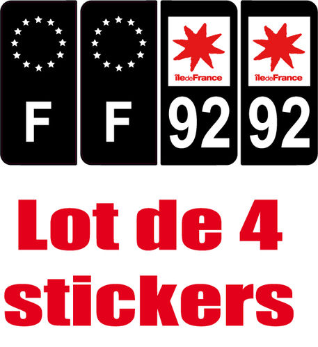 4 Stickers style AUTO Plaque Noir F+département 92