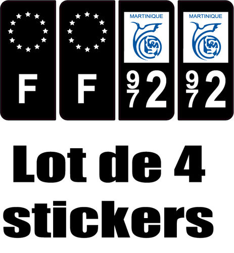 4 Stickers style AUTO Plaque Noir F+département 972