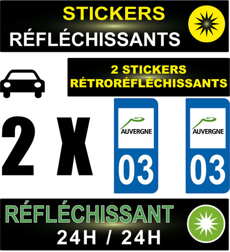 2 Stickers réfléchissant style AUTO Plaque département 03