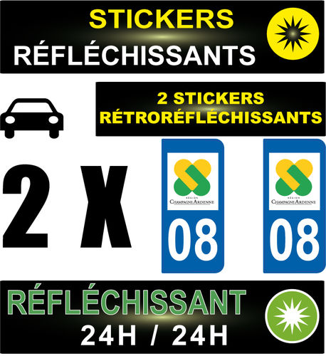 2 Stickers réfléchissant style AUTO Plaque département 08