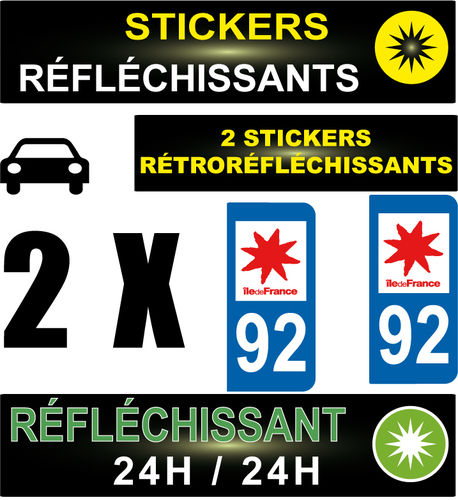 2 Stickers réfléchissant style AUTO Plaque département 92