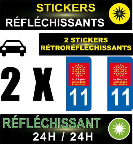 2 Stickers réfléchissant style AUTO Plaque département 11