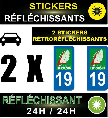 2 Stickers réfléchissant style AUTO Plaque département 19