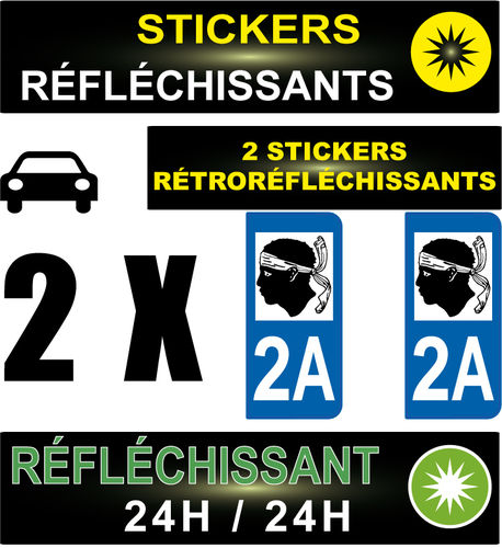 2 Stickers réfléchissant style AUTO Plaque département 2A