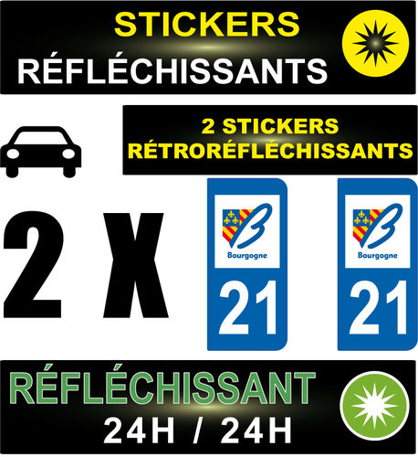 2 Stickers réfléchissant style AUTO Plaque département 21