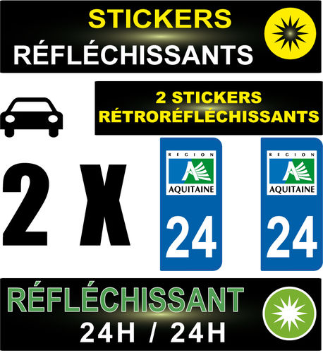 2 Stickers réfléchissant style AUTO Plaque département 24