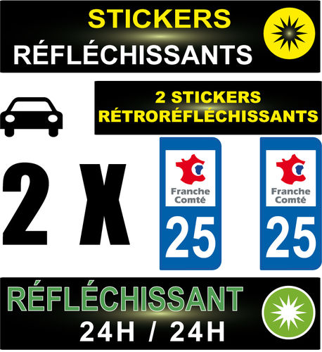 2 Stickers réfléchissant style AUTO Plaque département 25
