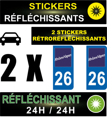 2 Stickers réfléchissant style AUTO Plaque département 26