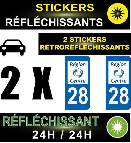 2 Stickers réfléchissant style AUTO Plaque département 28