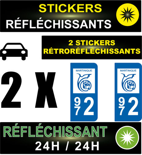 2 Stickers réfléchissant style AUTO Plaque département 972
