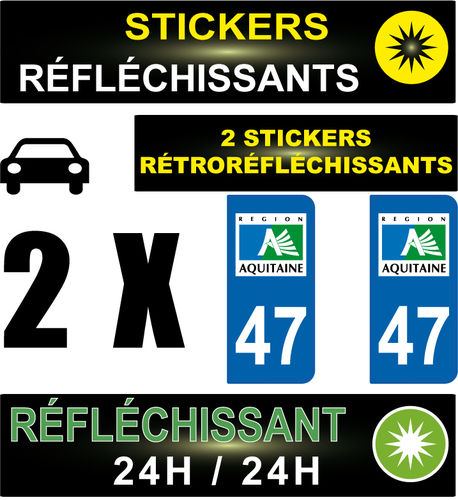 2 Stickers réfléchissant style AUTO Plaque département 47
