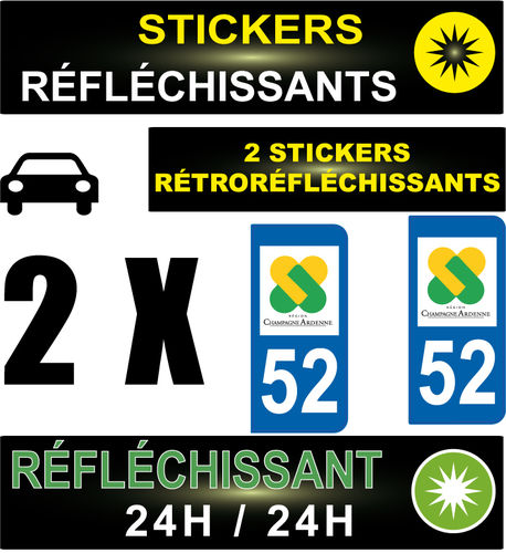 2 Stickers réfléchissant style AUTO Plaque département 52