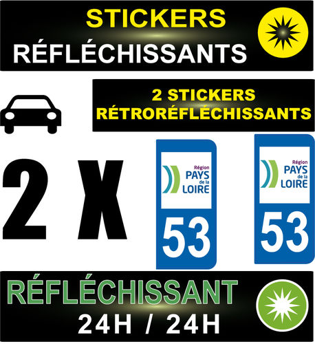 2 Stickers réfléchissant style AUTO Plaque département 53