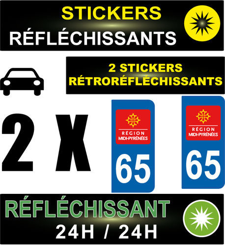 2 Stickers réfléchissant style AUTO Plaque département 65