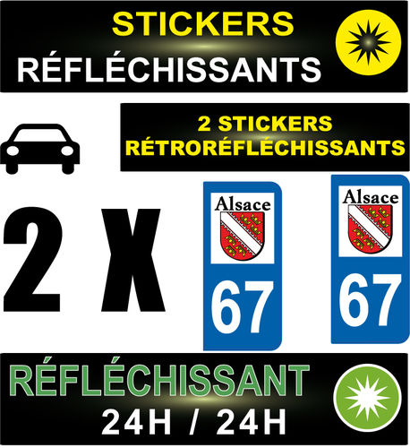 2 Stickers réfléchissant style AUTO Plaque département 67